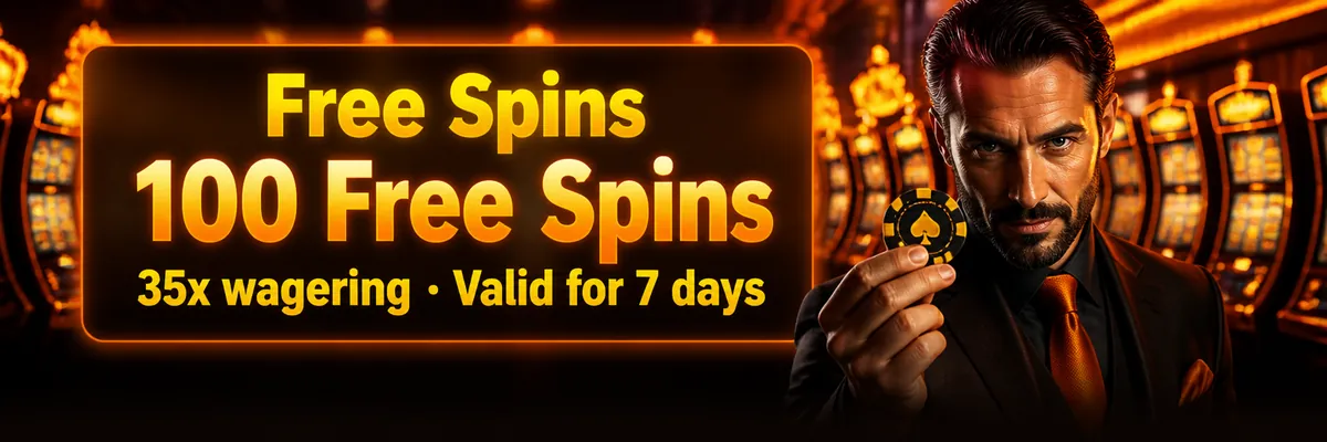 A suited casino gentleman holds a poker chip before warmly lit slot machines in an upscale casino.